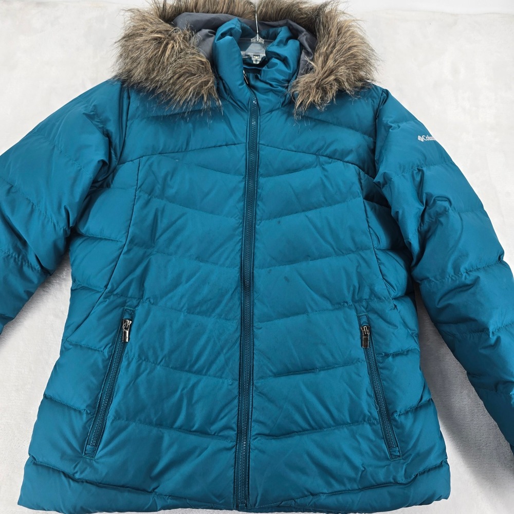Columbia Womens Puffer Jacket L Teal Down Faux Fur Hood Insulated